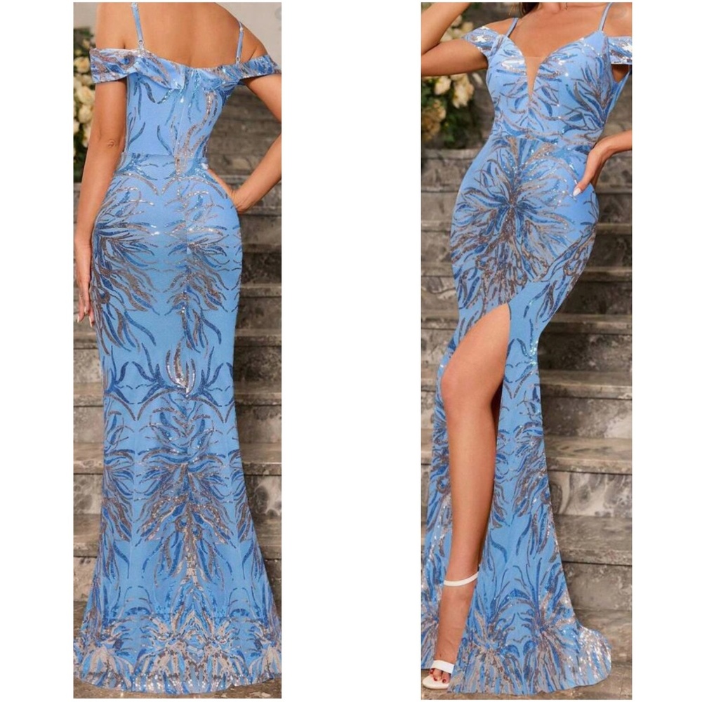 Luxe Navy Blue Sequin Cold Shoulder Party Evening Wedding Prom Dress - Picture 12 of 13
